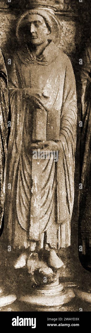 Kathedrale von Chartes, Frankreich 1947 - Eine Statue des Heiligen Jerome. - Cathédrale de Chartres, Frankreich en 1947 - Une Statue de Saint Jérôme. Stockfoto