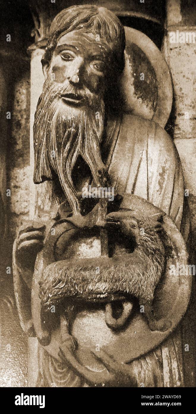 Kathedrale von Chartres, Frankreich im Jahr 1947 - Eine Statue des heiligen Johannes des Täufers. --Cathédrale de Chartres, Frankreich en 1947 - Une Statue de Saint Jean-Baptiste. -- Stockfoto