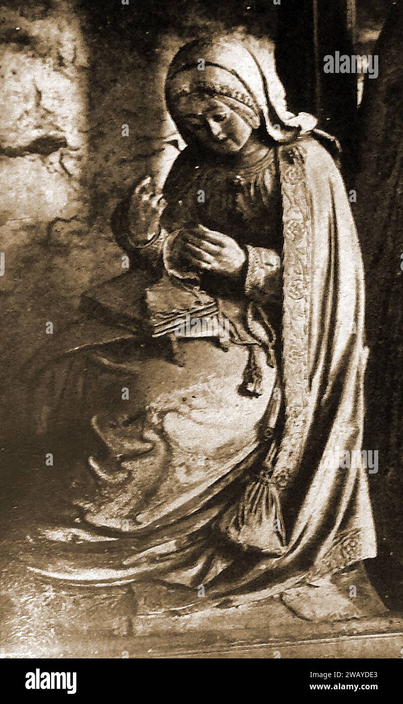 Kathedrale von Chartes, Frankreich 1947 - Eine Darstellung der Jungfrau-Näherei. - Cathédrale de Chartres, Frankreich en 1947 - Une représentation de la Vierge en Train de coudre. Stockfoto