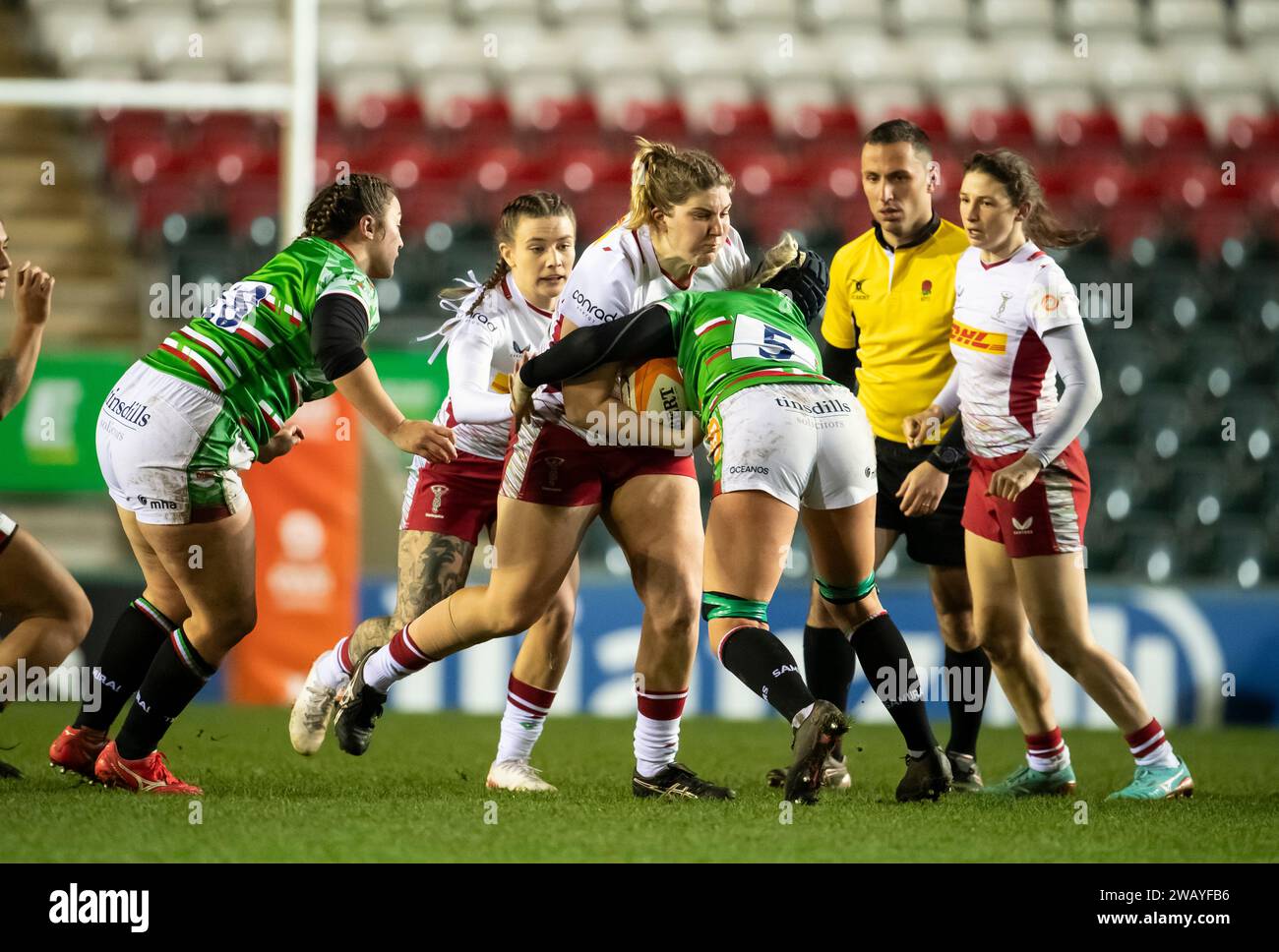 Leicester UK am Samstag, den 6. Januar 2023. Harlequins Bryony Cleall in Aktion während der Leicester Tigers Women vs Harlequin Women, Mattioli Woods, Welford Road Stadium, Leicester UK am Samstag, den 6. Januar 2023. Foto von Gary Mitchell Stockfoto