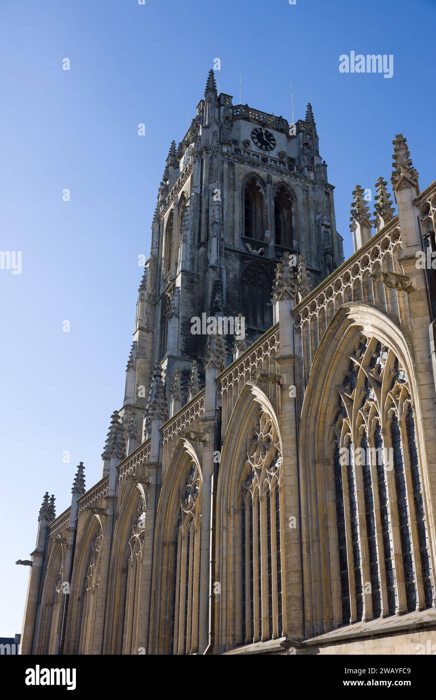Blick auf die Fassade und den Turm der Kathedrale von My Lady in Tongeren in Belgien Stockfoto