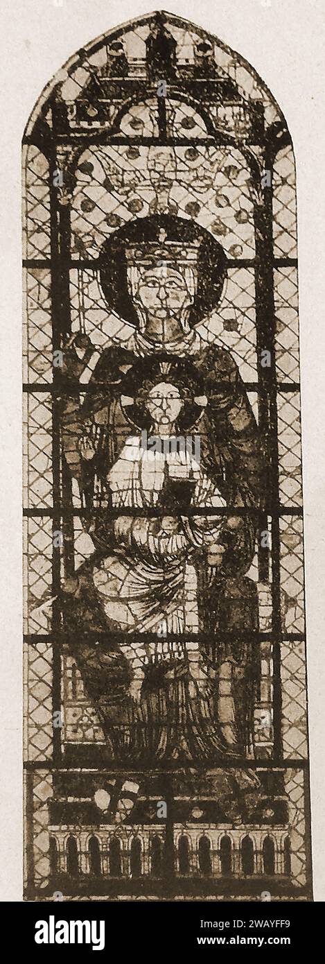 Kathedrale von Chartres, Frankreich 1947 - ein Bild der Jungfrau und des Kindes vom Nordfenster - Cathédrale de Chartres, France en 1947 - Une image de la Vierge à l'enfant vue de la fenêtre nord - Stockfoto