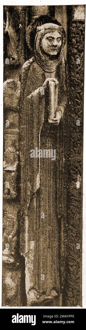Kathedrale von Chartres, Frankreich im Jahre 1947 - Eine Skulptur einer Königin von Juda. - Cathédrale de Chartres, Frankreich en 1947 - Une sculpture représentant une reine de Juda. - Stockfoto