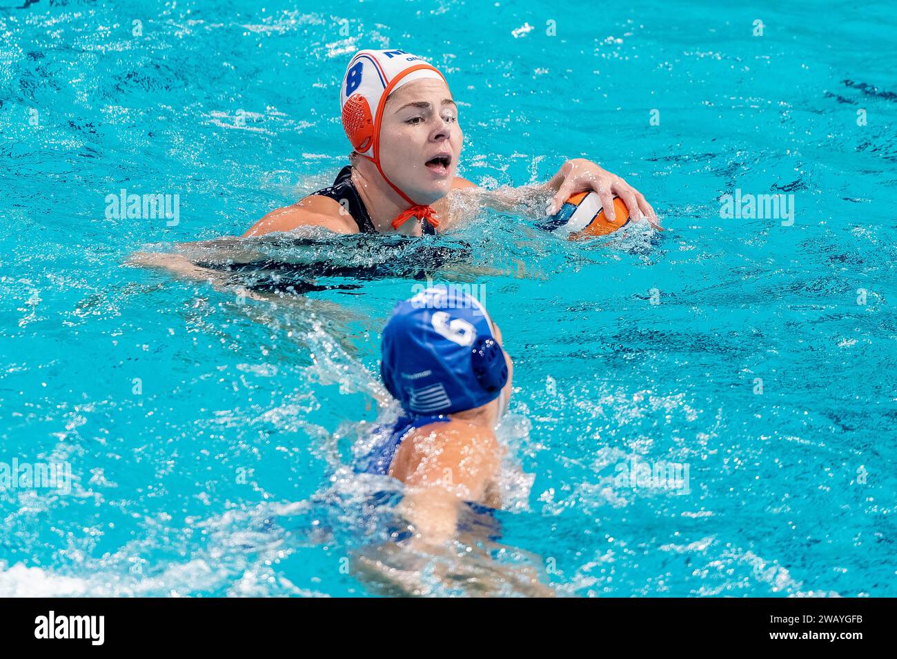 Eindhoven, Niederlande. Januar 2024. EINDHOVEN, NIEDERLANDE - 7. JANUAR: Vivian Sevenich aus den Niederlanden während des Europapokameisterschaftsspiels der Frauen 2024 zwischen den Niederlanden und Griechenland im Pieter van den Hoogenband Zwemstadion am 7. Januar 2024 in Eindhoven, Niederlande. (Foto: Joris Verwijst/BSR Agency) Credit: BSR Agency/Alamy Live News Stockfoto