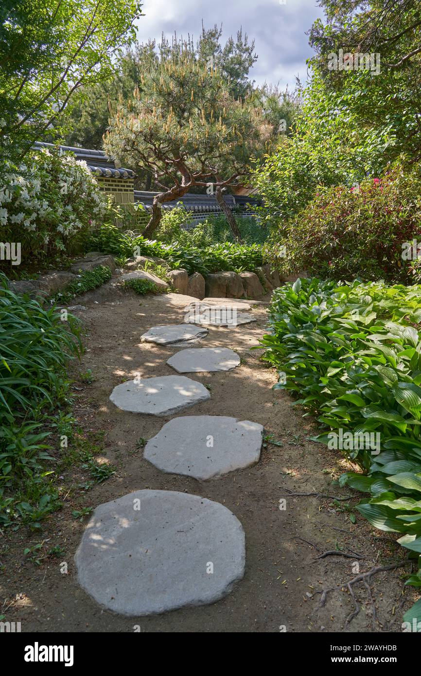 Ein Steinweg im Garten des Beak Inje House, einem traditionellen koreanischen Haus einer wohlhabenden Familie, Bukchon Village, Seoul, Südkorea Stockfoto