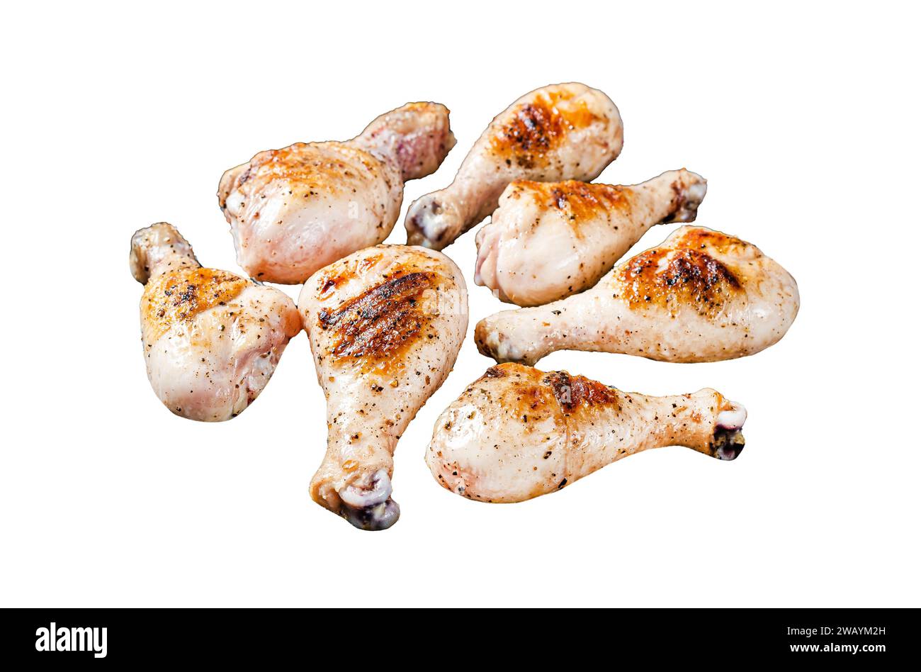 Gegrillter Hähnchenschenkel mit Kräutern, Geflügelfleisch. Isoliert auf weißem Hintergrund, Draufsicht Stockfoto
