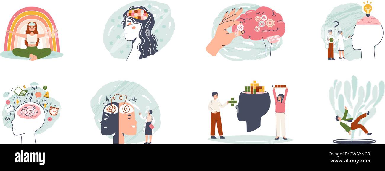 Kognitives Gehirn und beruhigende Geistesunterstützung. Teenager entwickeln mentale Verbindungen, Kopf-und-Seele-Training. Kreativität und Psychologie, kuschelige Vektorszenen Stock Vektor