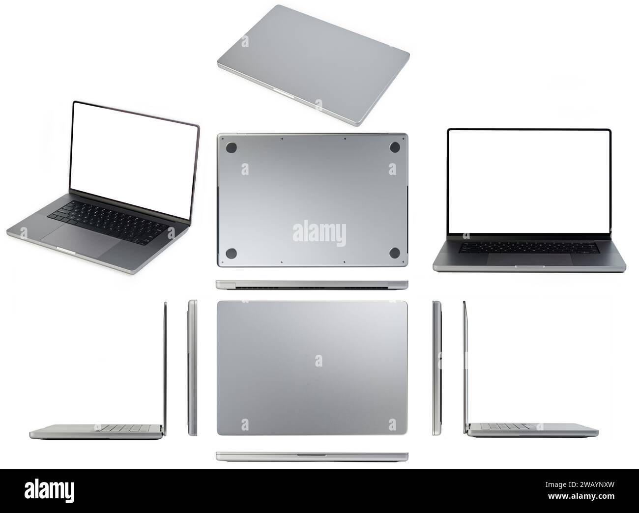 Verschiedene Ansichten des modernen Laptops aus Metall isoliert auf weißem Studiohintergrund Stockfoto