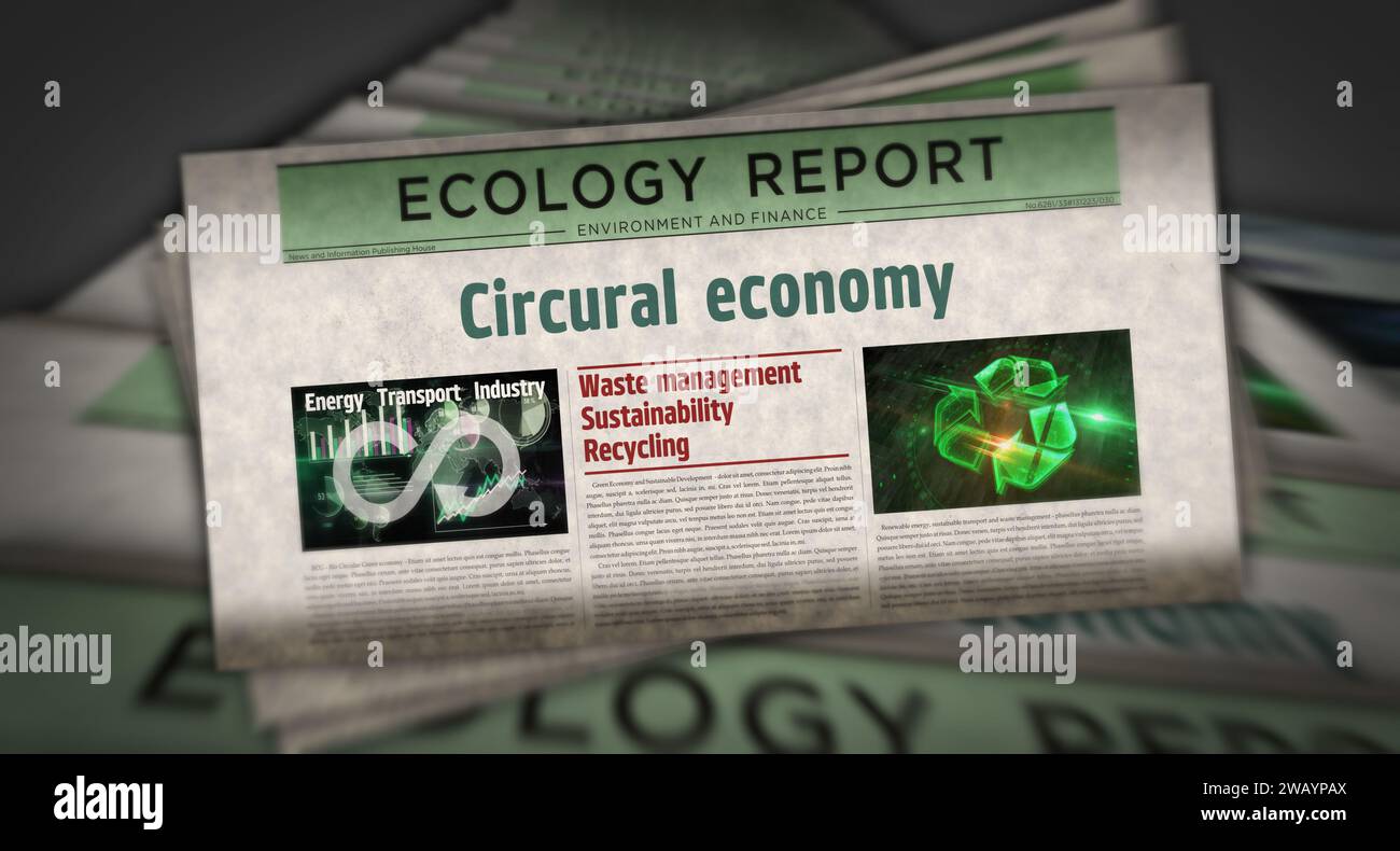 Kreislaufwirtschaft und Ökologie Nullmüll-Branche Vintage-Nachrichten und Zeitungsdruck. Abstraktes Konzept Retro-Schlagzeilen 3D-Illustration. Stockfoto