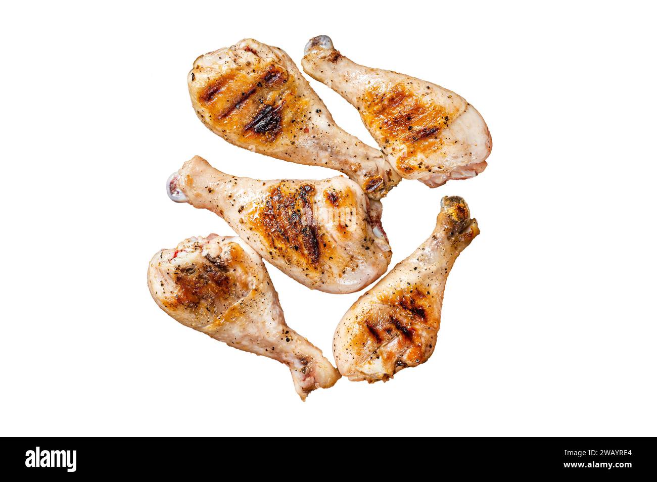 Gegrilltes Hühnerbein Trommelstock, Geflügelfleisch isoliert auf weißem Hintergrund, Ansicht von oben Stockfoto
