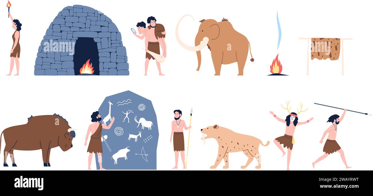 Primitive Menschen. Alte Männer und Frauen in der Höhle, Zeichnen, Jagen und Leben. Prähistorische Werkzeuge, wilde Tiere und Beziehungen, neuere Vektorszenen Stock Vektor