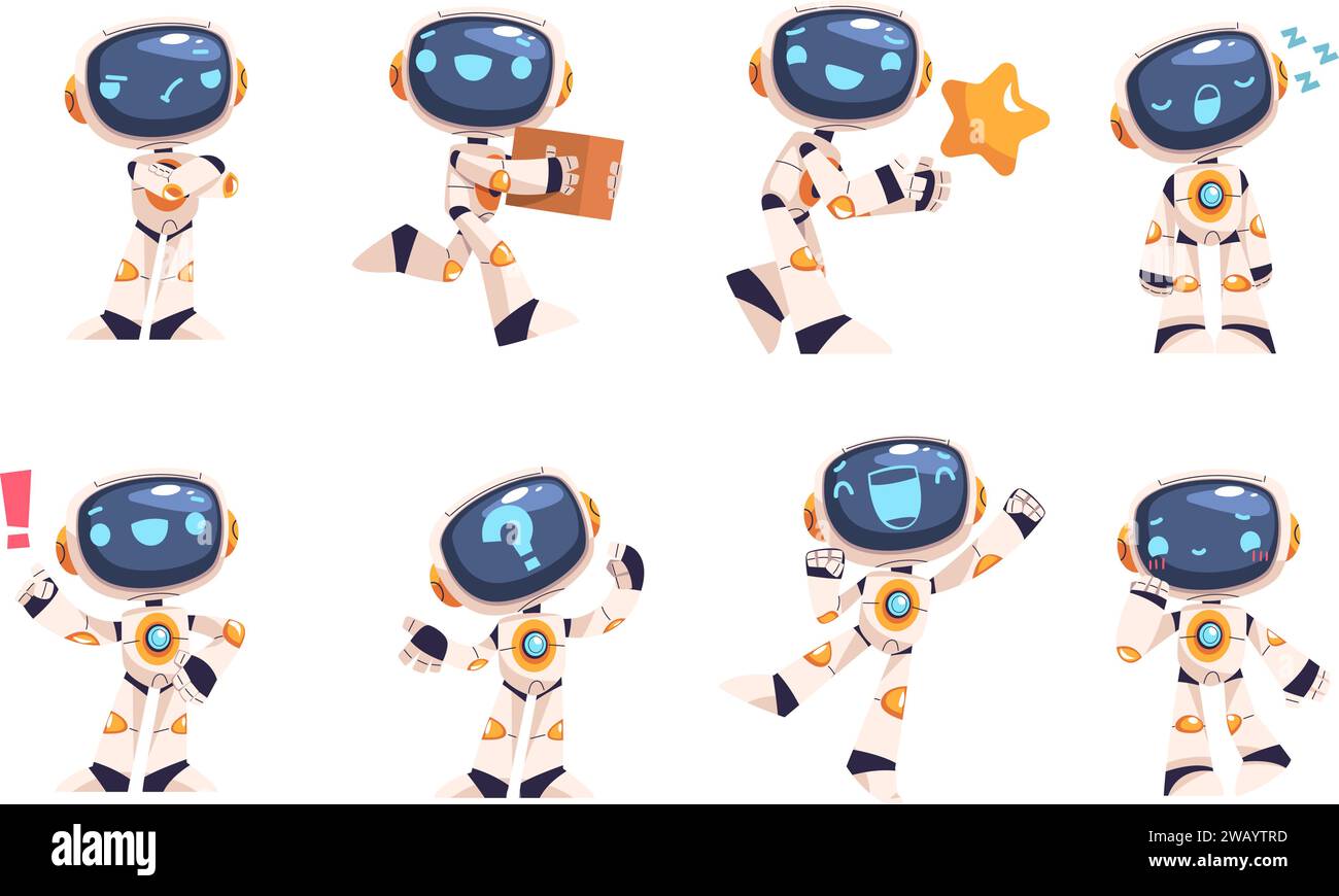 Bots Maskottchen. Chatbot Service Charaktere, persönliche Assistenten Roboter mit digitalem Bildschirm, niedliche android Bot Spiel Aufkleber Set Computer Ai Technologie Cartoon Klasse Vektor Illustration von Bot Roboter Maskottchen Stock Vektor