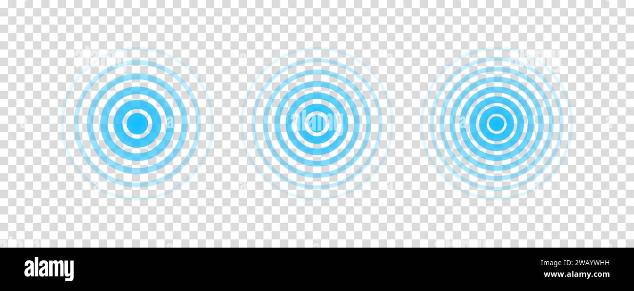 Kreisförmige Radarwelle. Symbol für Schallwelligkeit. Blauer Effekt, isoliert auf transparentem Hintergrund. Funksignal. Mustersonar. Schwingungsleitung. Radialstrahlen Stock Vektor