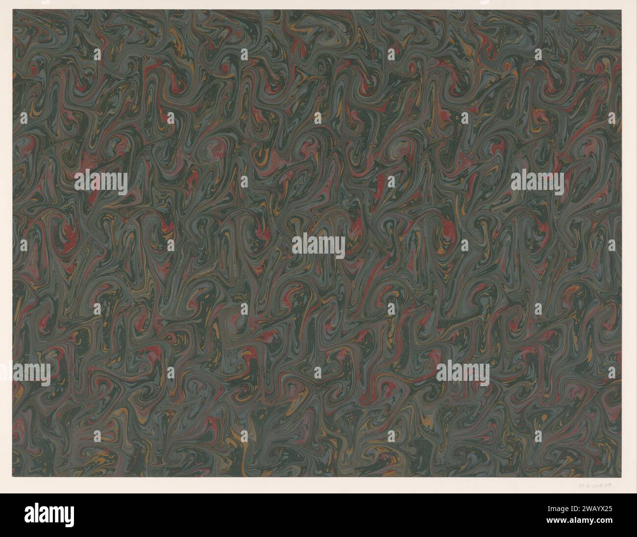 Fantasy-Marmor in grün, rot, gelb und blau auf braunem Papier, anonym, 1900 - 2000 Marmorpapier. Farbe (Beschichtung) Phantasy Marmoriertes Papier Stockfoto