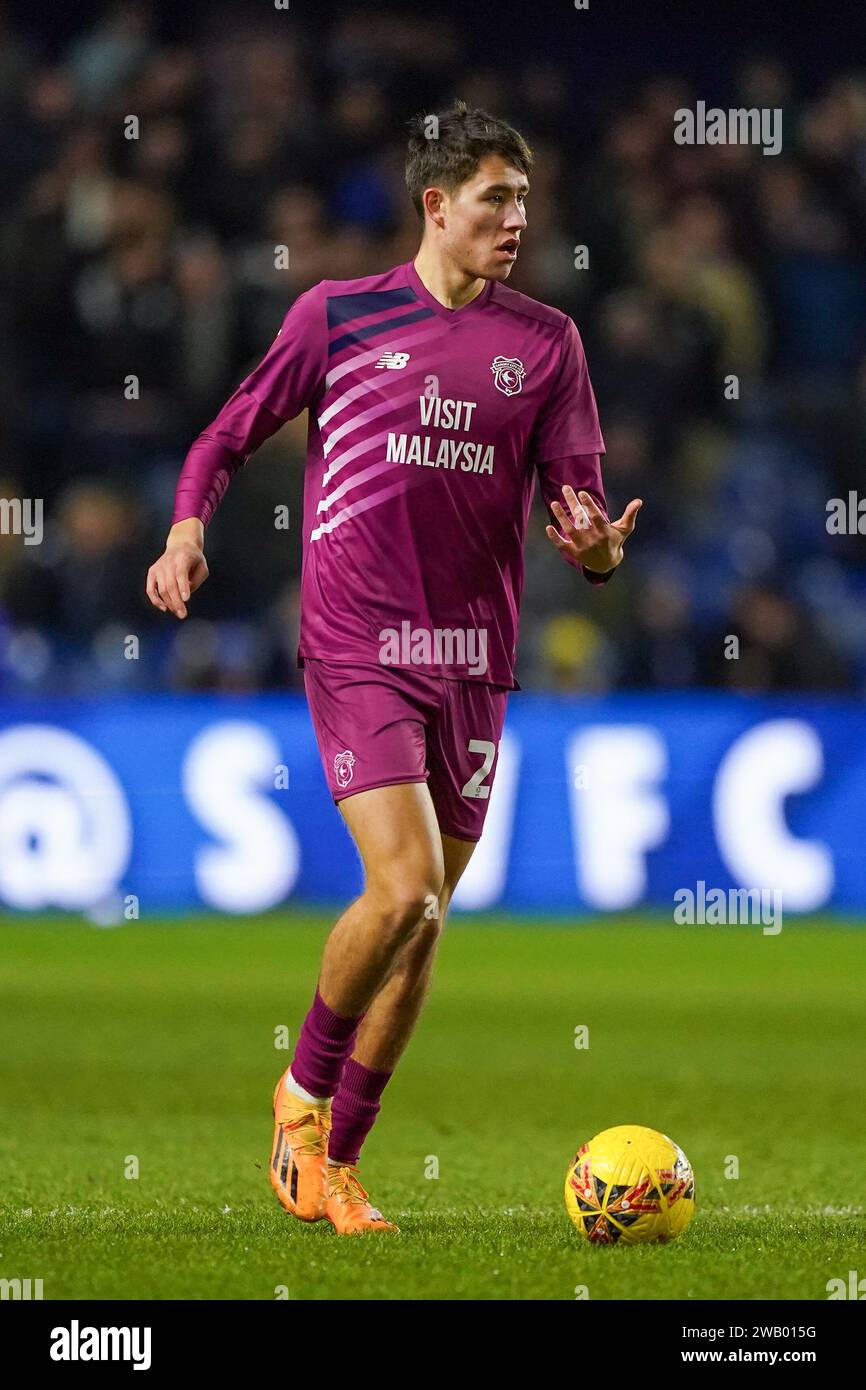 Sheffield, Großbritannien. Januar 2024. Cardiff City Mittelfeldspieler Rubin Colwill (27) während des Spiels der 3. Runde des Sheffield Wednesday FC gegen Cardiff City FC Emirates FA Cup im Hillsborough Stadium, Sheffield, England, Großbritannien am 6. Januar 2024 Credit: Every Second Media/Alamy Live News Stockfoto