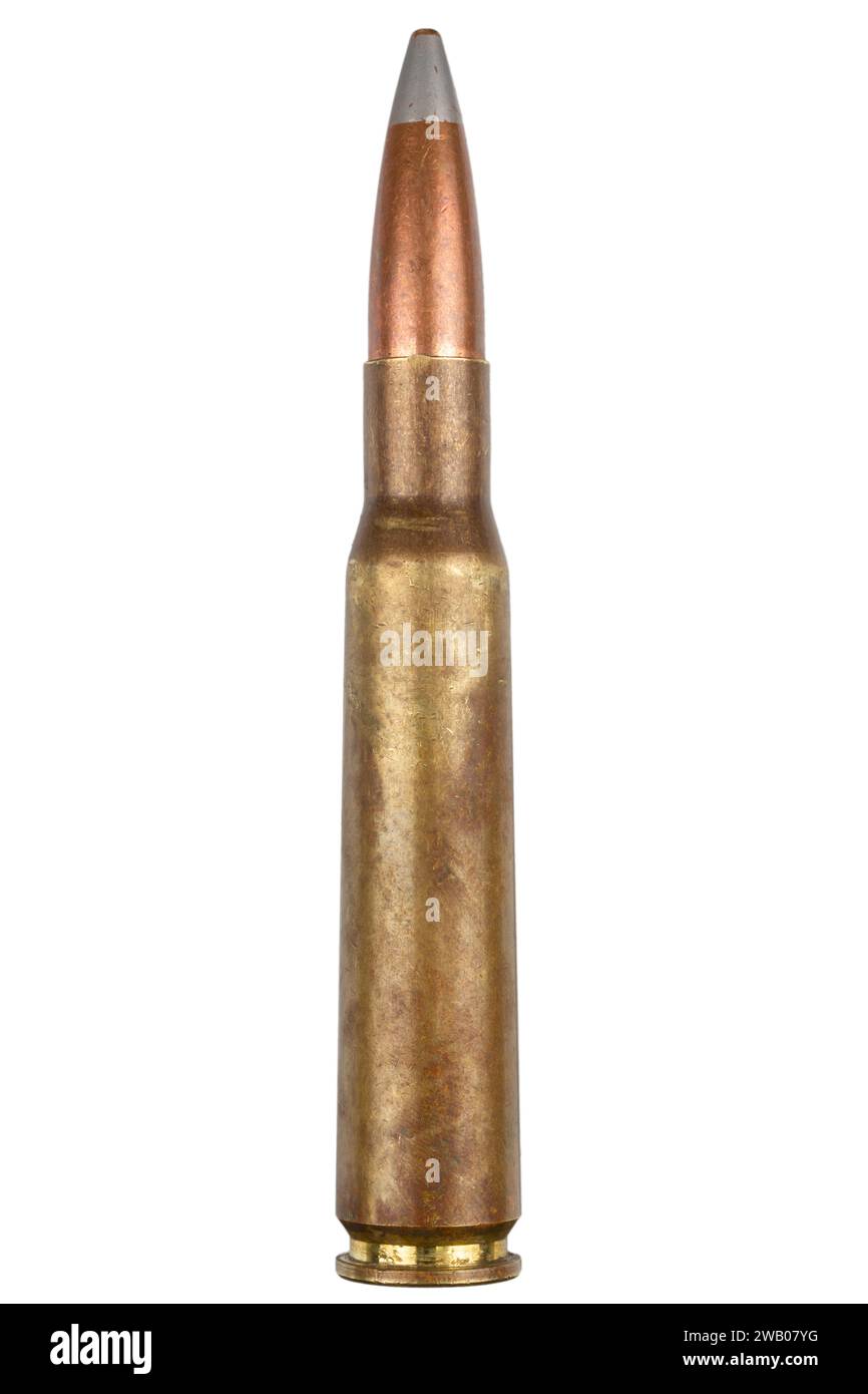 Die Browning Machine Pistole des Kalibers .50, auch bekannt als die BMG-Kartusche .50. Isoliert auf weißem Hintergrund. Stockfoto