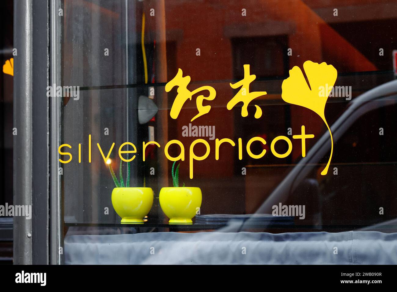 Fensterschilder für Silver Apricot, ein chinesisch-amerikanisches Restaurant in der 20 Cornelia St, New York, in Manhattans Stadtteil Greenwich Village. Stockfoto