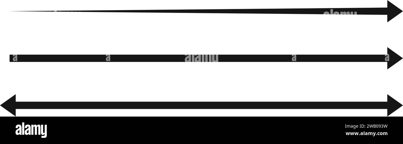 Symbole mit langem geradem Pfeil und Doppelpfeil. Schwarze horizontale Zeiger-, Richtungs-, Positions- oder Positionszeichen und Breitenzeichen auf weißem Hintergrund. Vektorgrafik Stock Vektor