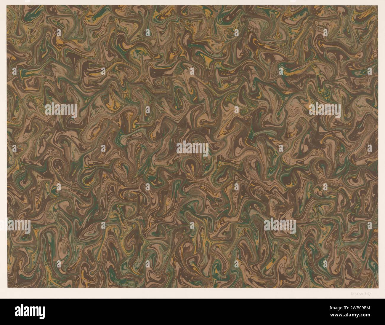 Fantasy-Marmor in Braun, Grün und Gelb auf braunem Papier, anonym, 1900 - 2000 Marmorpapier. Farbe (Beschichtung) Phantasy Marmoriertes Papier Stockfoto