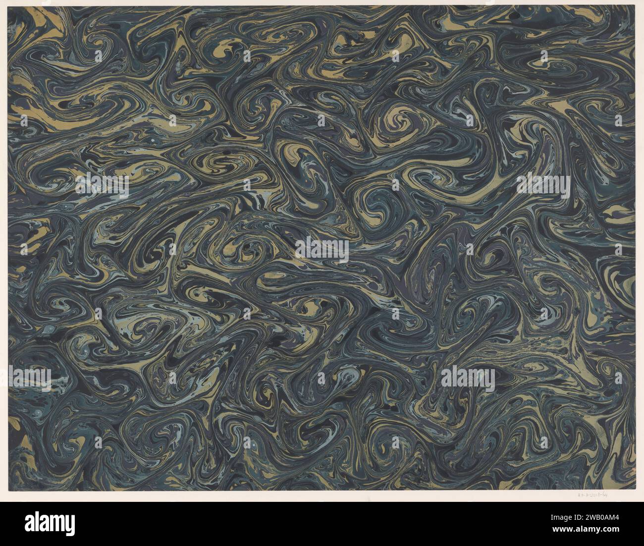 Fantasy-Marmor in verschiedenen Blau-, Gelb- und Grüntönen auf hellbraunem Papier, anonym, 1900 - 2000 Marmorpapier. Farbe (Beschichtung) Phantasy Marmoriertes Papier Stockfoto