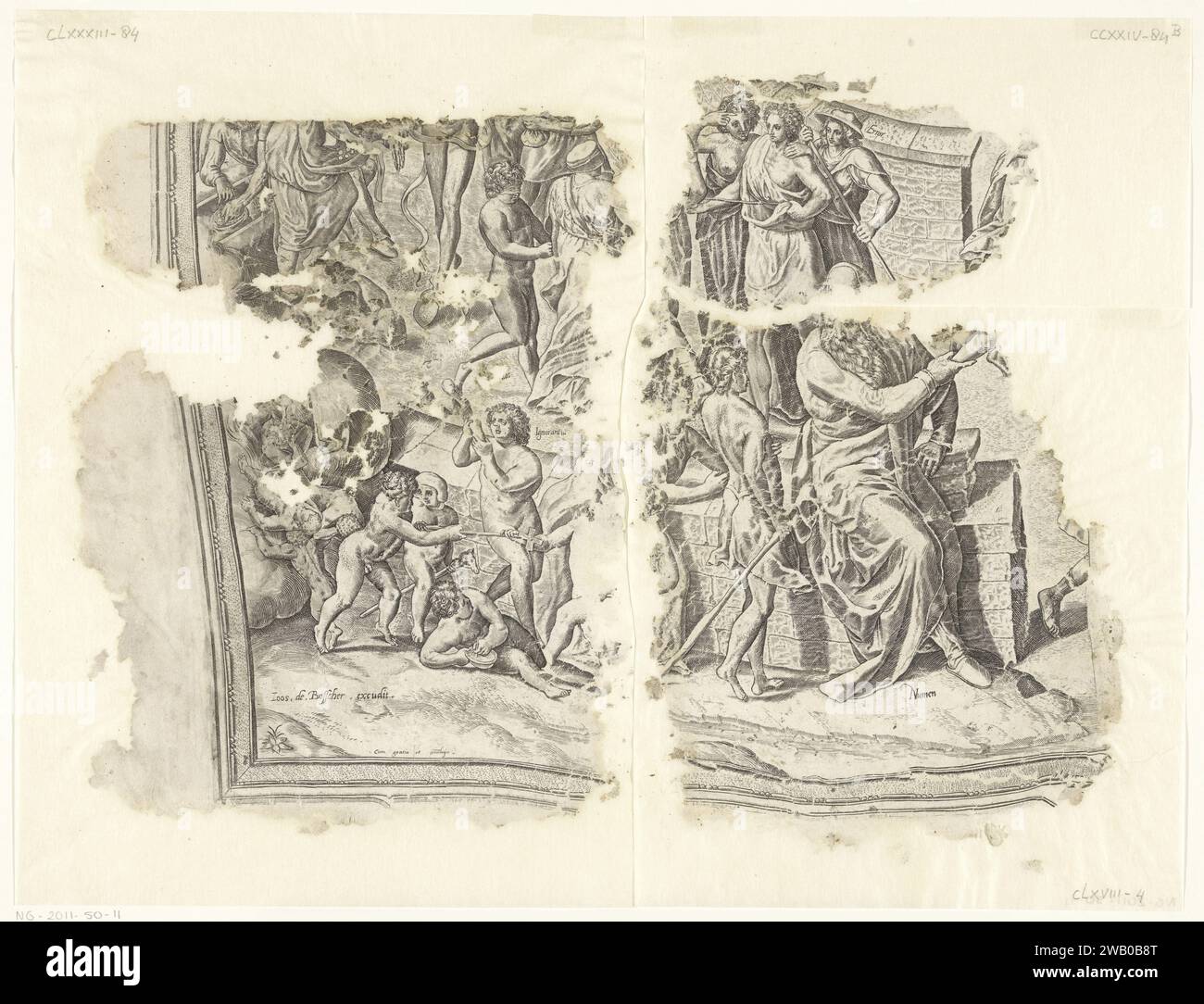 Links unter der Ecke eines Abdrucks der Szene von Cebes, Philips Galle, nach Frans Floris (I), 1561 - 1596 Druck Allegory über die Heilstraße des Menschen. Leben als Stadt mit drei ummauerten Stätten, mit einem Tempel in der Mitte. Am äußeren Tor warten die Seelen der Kinder, bereit für den Eintritt in das Erwachsenenleben. Vor dem Betreten bekommen sie etwas zu trinken aus Versuchung (verführerische Versuchung), was sie unwissend macht. Der erste ummauerte Ort zeigt alle Arten von Transfers und Ablenkungen, wie Vorurteile (Meinung), Begehren (Cupiduas), Zweifel (Fehler) und Unwissenheit (Ignorantia). Sie verhindern, dass die Jugendliche Person von der Feder kommt Stockfoto