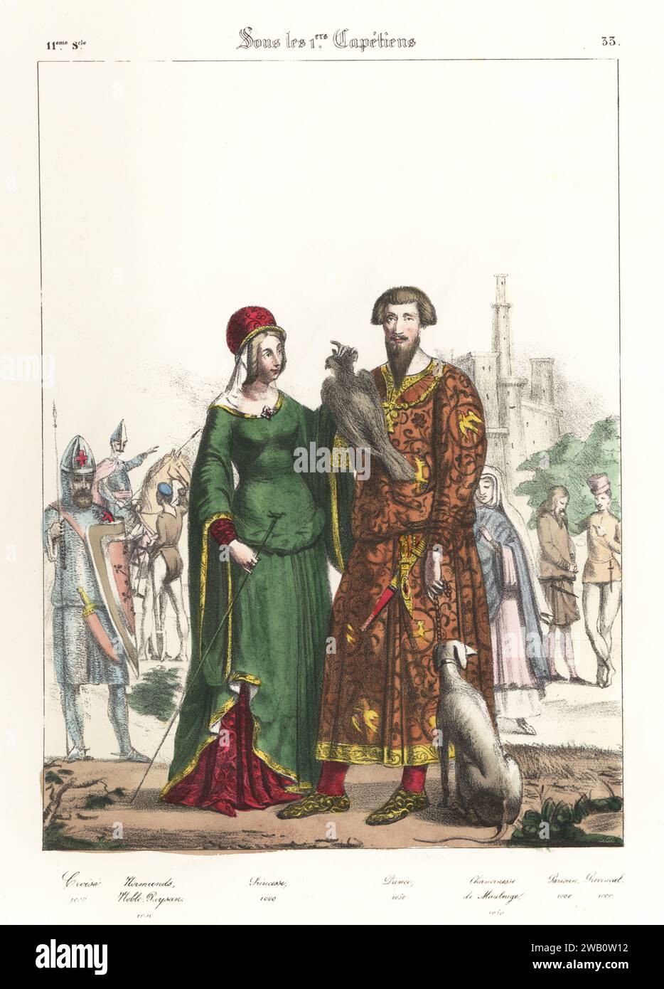 Französischer Prinz und Prinzessin mit Falke und Jagdhund, 11. Jahrhundert. Mit Kreuzritter, normannischer Adliger, Bauer, Kanonierin von Mauberge, Paris, und provenzalisch. Croise, Normands, Noble, Paysan, Princesse, Prinz, Chanoinesse de Mauberge, Parisien, Provenzalische. Sous les Premiers Capetiens, 11e Siecle. Handkolorierte Lithografie von Godard nach einer Illustration von Charles Auguste Herbé aus seinen eigenen Kostümen Francais, Civils, Militaires et Religieux, französische Kostüme, Militär und Ordensleute, Maison Martinet, Paris, 1837. Stockfoto