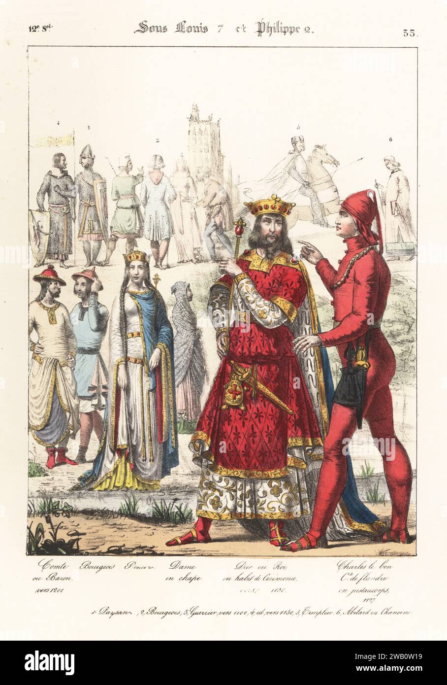 Karl der Gute, Graf von Flandern, in Kaperon und Justaucorps, 1084-1127, mit einem Herzog oder König in zeremoniellen Gewändern, Krone, Zepter, Pelzmantel, bestickten Tuniken, 12. Jahrhundert. Mit Grafen, Bourgeois, Prinzessin, Lady in cape, Bauern, Krieger, Ritter Templer und Peter Abelard. Comte ou Baron, Bourgeois, Princesse, Dame en Chape, Duc ou ROI en Habit de Ceremonie, Charles le Bon, Comte de Flandre en Justaucoprs. Paysan, Bourgeois, Guerrier, Templier, Abelard en Chanoine. Sous Louis 7 et Philippe 2. Handkolorierte Lithographie von Godard nach einer Illustration von Charles Auguste Herbé aus seiner Stockfoto