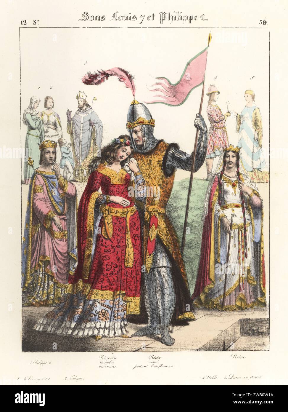 Französischer Prinz in Helm, Kettenhemd Hauberk und tabard mit Oriflamme-Standard, umarmen eine Prinzessin, flankiert von König Philippe II. Und Königin im 12. Jahrhundert. Mit Bourgeois, Bischofs, Adligen und Lady im Mantel. Philippe 2, Princesse en Habit Ordinaire, Prinz arme portant l'oriflamme, reine, Bourgeois, Eveque, Noble, Dame en Surcot. Sous Louis 7 et Philippe 2, 12 Siekle. Handkolorierte Lithografie von Godard nach einer Illustration von Charles Auguste Herbé aus seinen eigenen Kostümen Francais, Civils, Militaires et Religieux, französische Kostüme, Militär und Ordensleute, Maison Martinet, Paris, 1837. Stockfoto