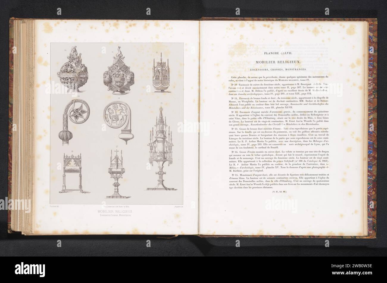 Reproduktion eines Designs mit Räucherfässern, Monstranz und verzierten Stäben, painlevé, ca. 1859 - in oder vor 1864 Druck Paris Papier ostensorium, Monstrance. Räucherstäbchen  Düfte, Parfums Stockfoto