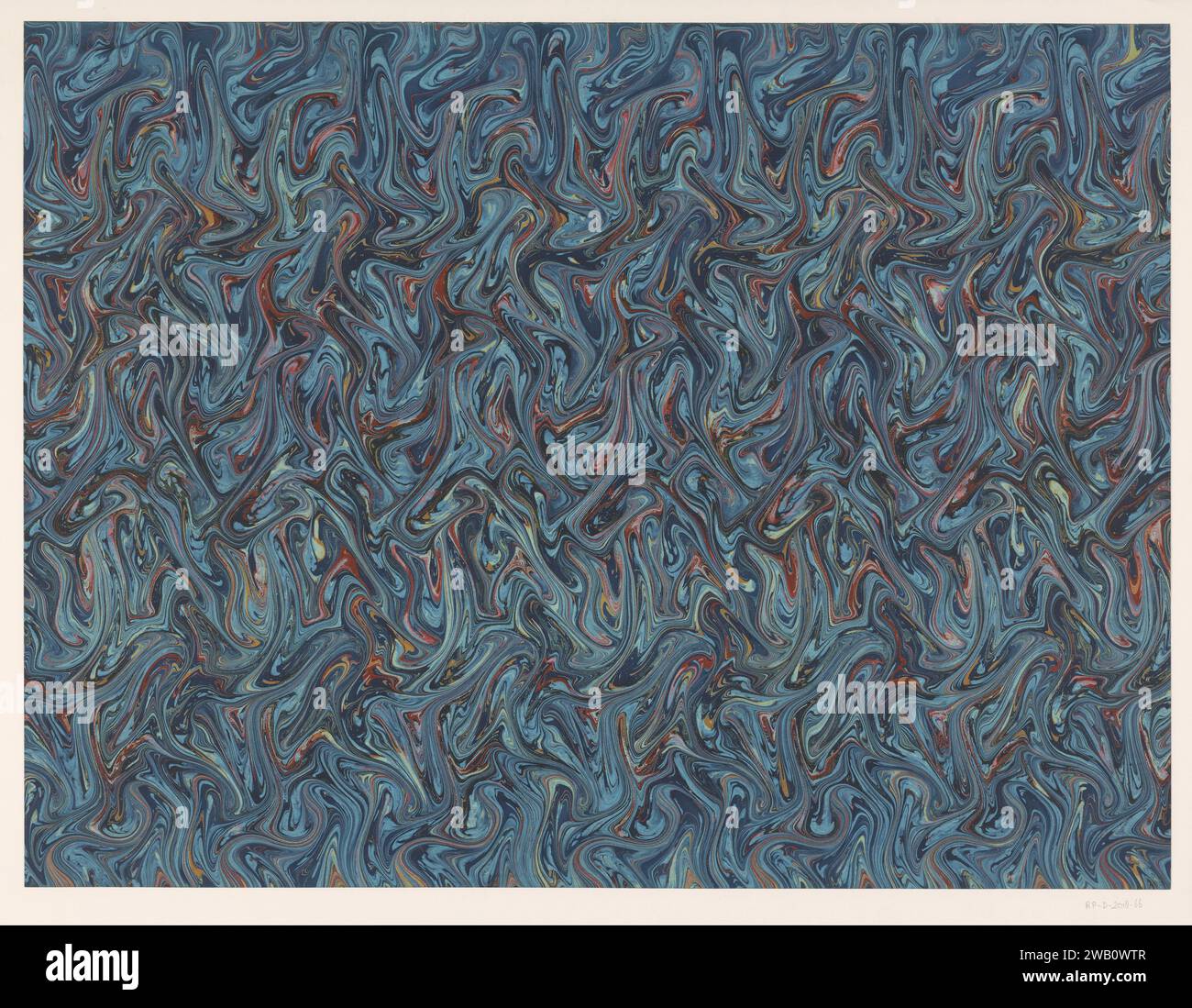 Fantasy-Marmor in verschiedenen Blau-, Braun-, Rot-, Hellgrün- und ockerbraunem Papier, anonym, 1900 - 2000 Marmorpapier. Farbe (Beschichtung) Phantasy Marmoriertes Papier Stockfoto