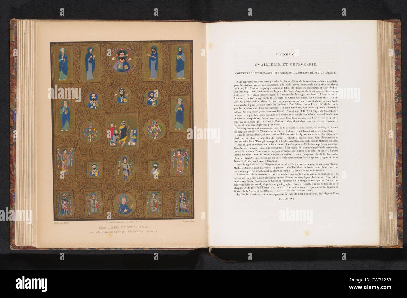 Reproduktion eines Covers einer griechischen Handschrift mit Christus, Engeln und Heiligen, Choquet, Régamey, nach Anonym, c. 1859 - in oder vor 1864 photomechanischer Druck Paris Papier Fotolithographie Bucheinband, Bindung. Christus. heilige Stockfoto