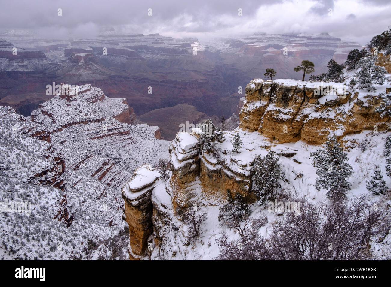 Der Grand Canyon, Usa. Januar 2024. Blick auf den Schnee auf den Klippen des Grand Canyon entlang des südlichen Randes des Canyons nach einem Schneesturm, der 3 oder mehr Zentimeter Schnee im Park hinterließ und Straßen um ihn herum stilllegte. Quelle: SOPA Images Limited/Alamy Live News Stockfoto