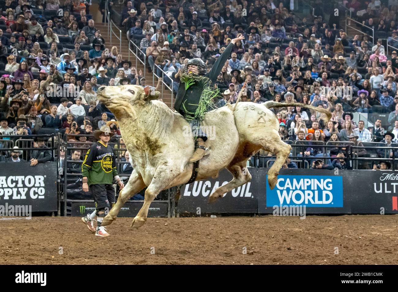 New York, Usa. Januar 2024. NEW YORK, NEW YORK – 07. JANUAR: Austin Richardson reitet auf Red Scorpion während der dritten Runde der Professional Bull Riders 2024 Unleash the Beast am Madison Square Garden am 7. Januar 2024 in New York City. Quelle: SOPA Images Limited/Alamy Live News Stockfoto