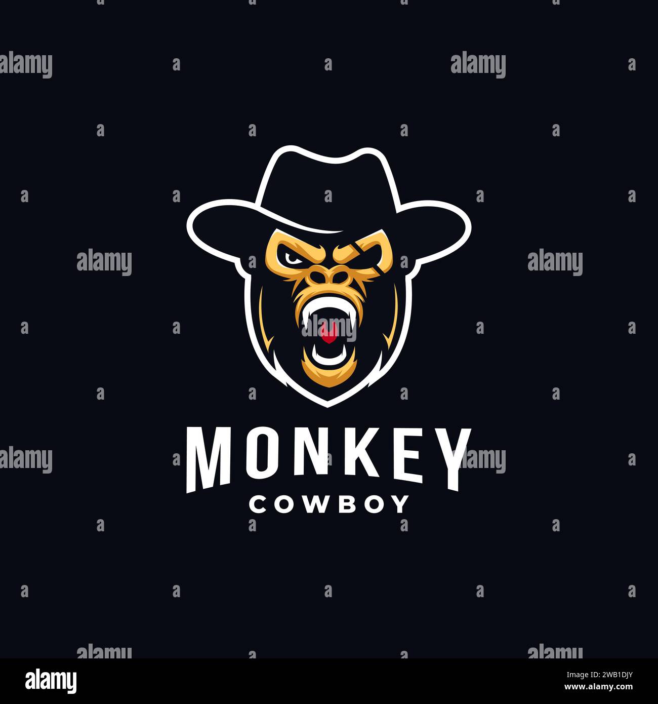 Aggressive mächtige Affe Cowboy Maskottchen Logo Vektor Illustration Vorlage auf schwarzem Hintergrund Stock Vektor