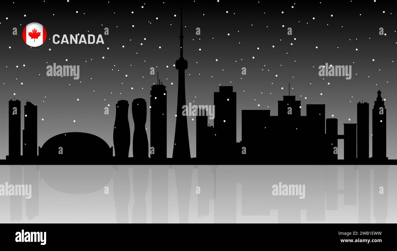 Canada Skyline, Canada Urban Cityscape, Canada Wolkenkratzer Gebäude schöne Schnee fallende Vektorsilhouette. Vektor-Illustrator Stock Vektor