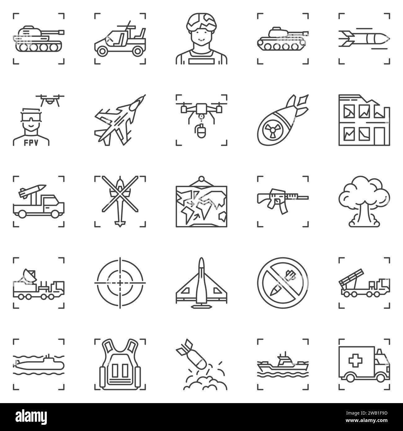 Kriegs-Umrisssymbole Set - militärische Vektorkonzepte. Army Linear Signs Kollektion Stock Vektor