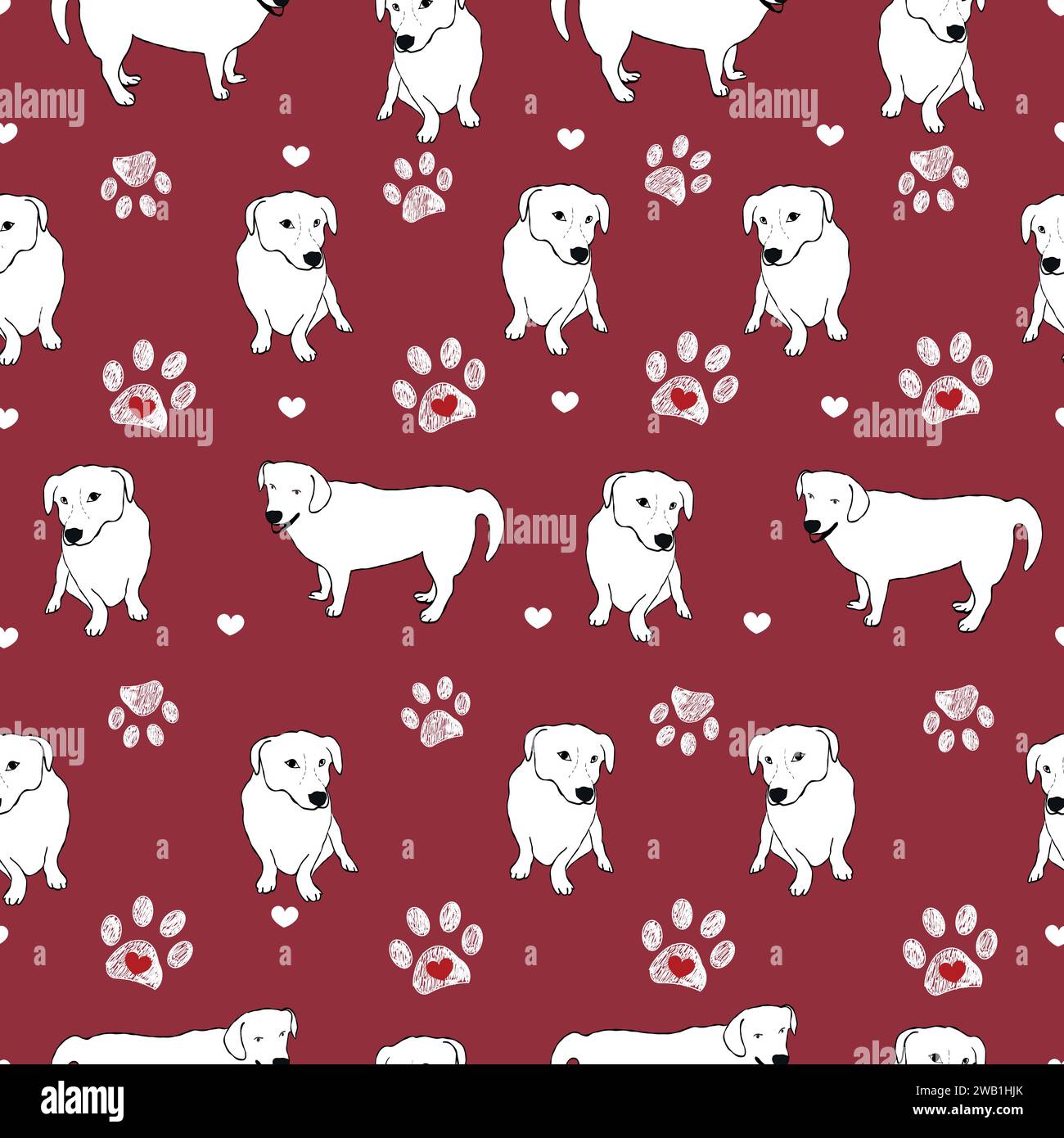 Hundelmutter. Happy Mother's Day Hunde mit nahtlosem Muster und Pfotenmuster auf rotem Hintergrund Stock Vektor