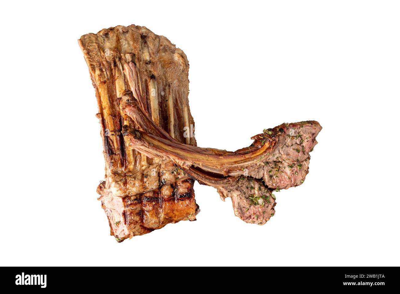 Draufsicht auf gegrillte Lammkoteletts auf weißem Hintergrund Stockfoto