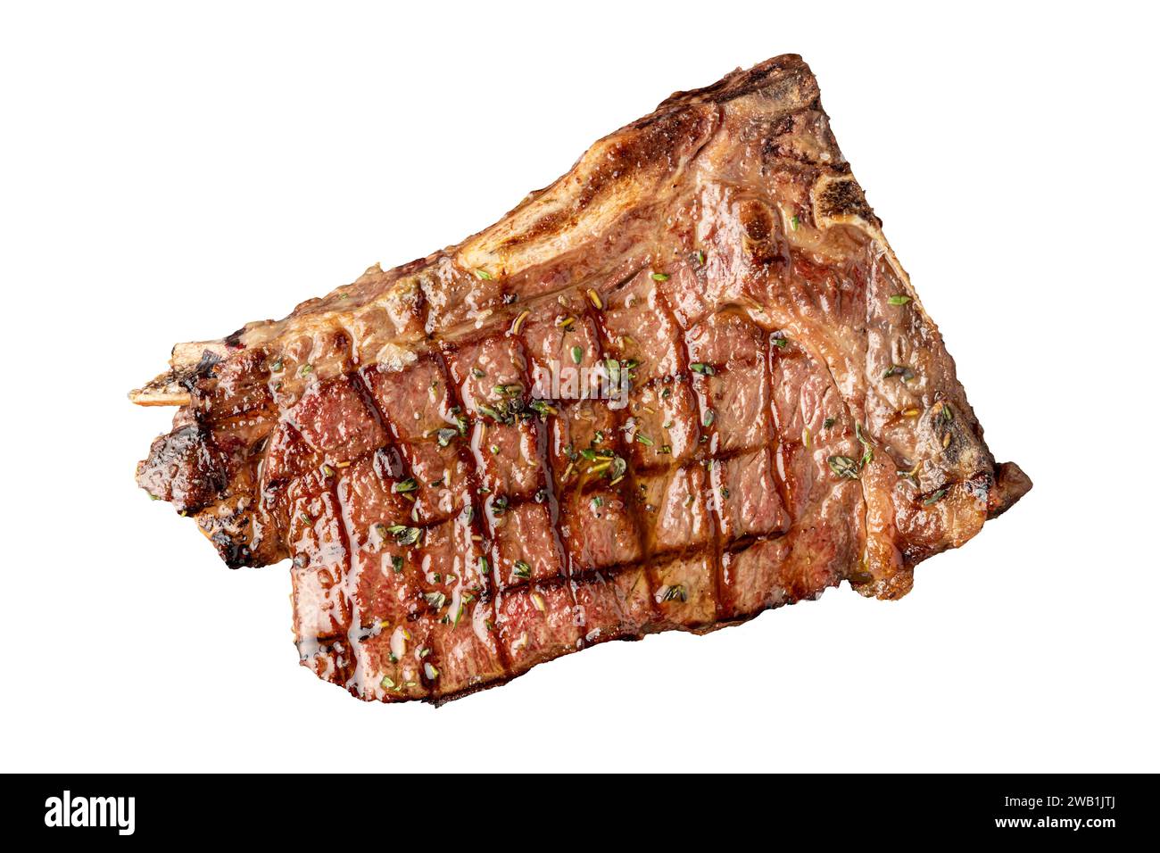 Blick von oben auf den New York Strip Loin auf weißem Hintergrund Stockfoto
