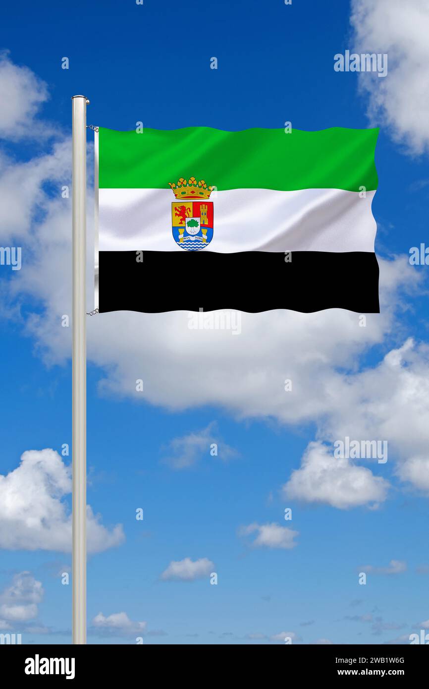 Die Flagge von Extremadura, Spanien, Europa, EU, Studio Stockfoto