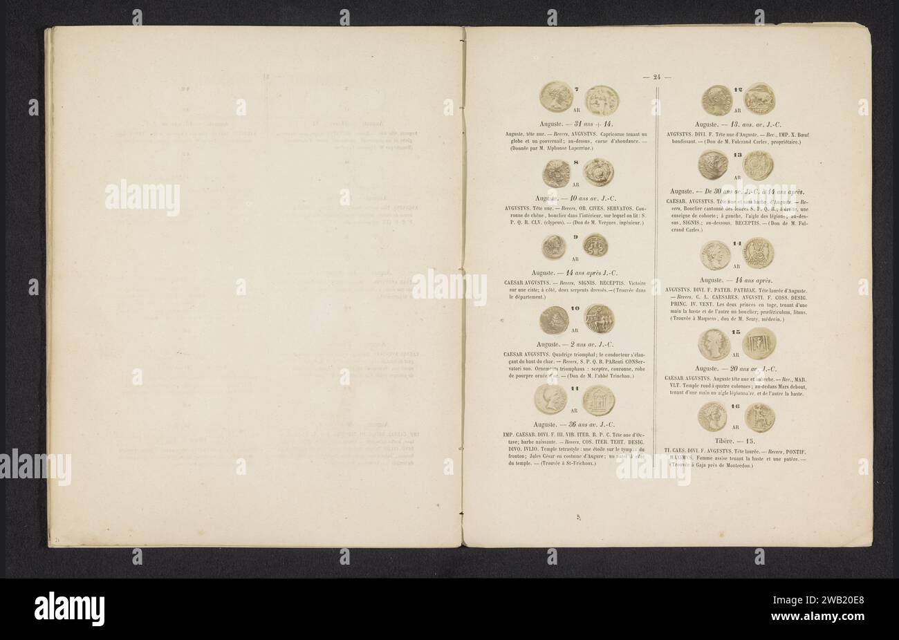 Zehn Münzen mit römischen Kaisern, von vorne und hinten gesehen, Léopold Verguet, ca. 1854 - in oder vor 1864 Foto Nr. 7 bis 15: August Nr. 16: Tiberius. Fotografische Trägermünze mit Albumendruck Stockfoto