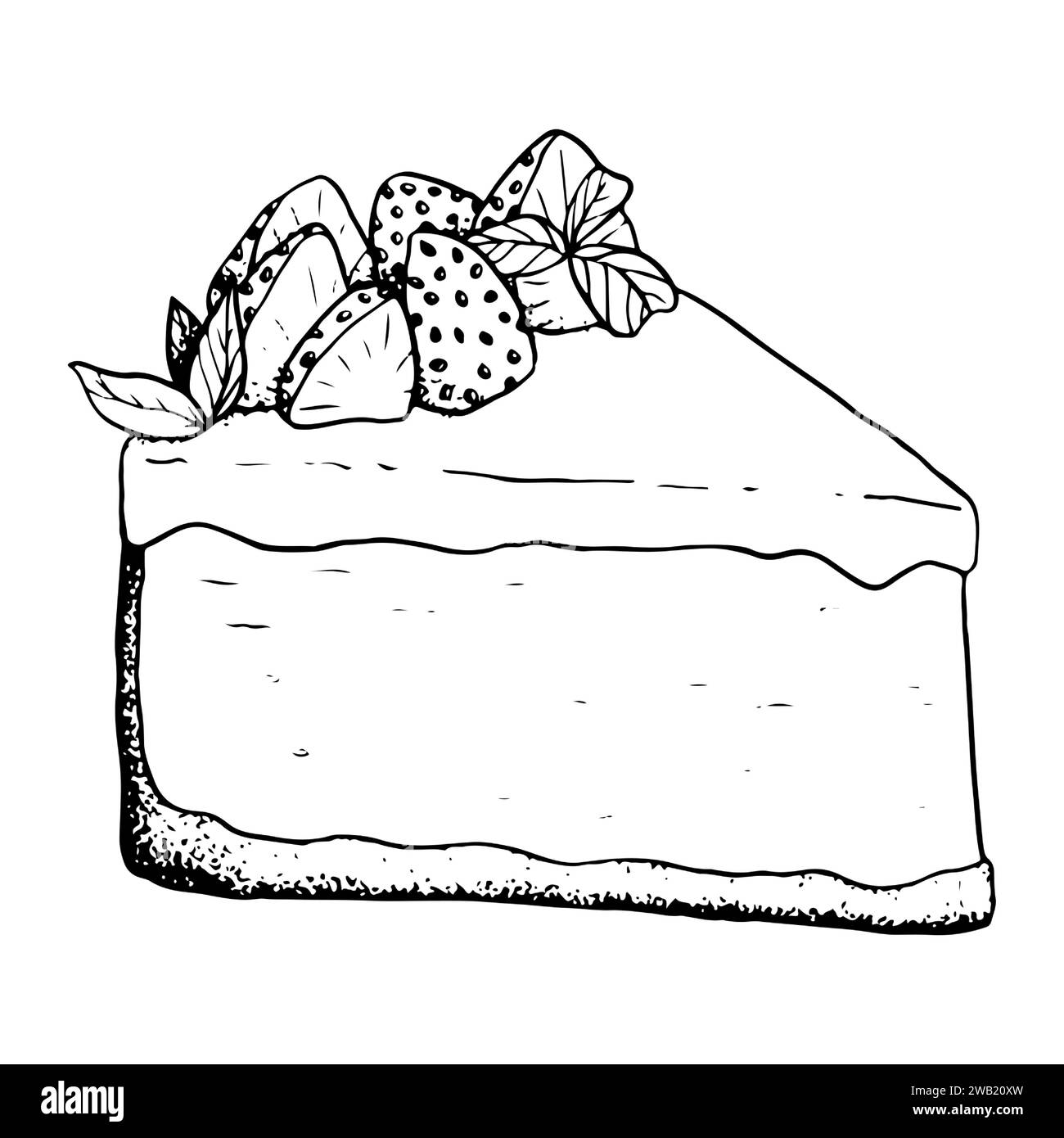 Vektor Erdbeere Käsekuchen Dessert schwarz-weiß Illustration. Leckeres Dreieck-Kuchenstück mit Beeren und Minze Stock Vektor