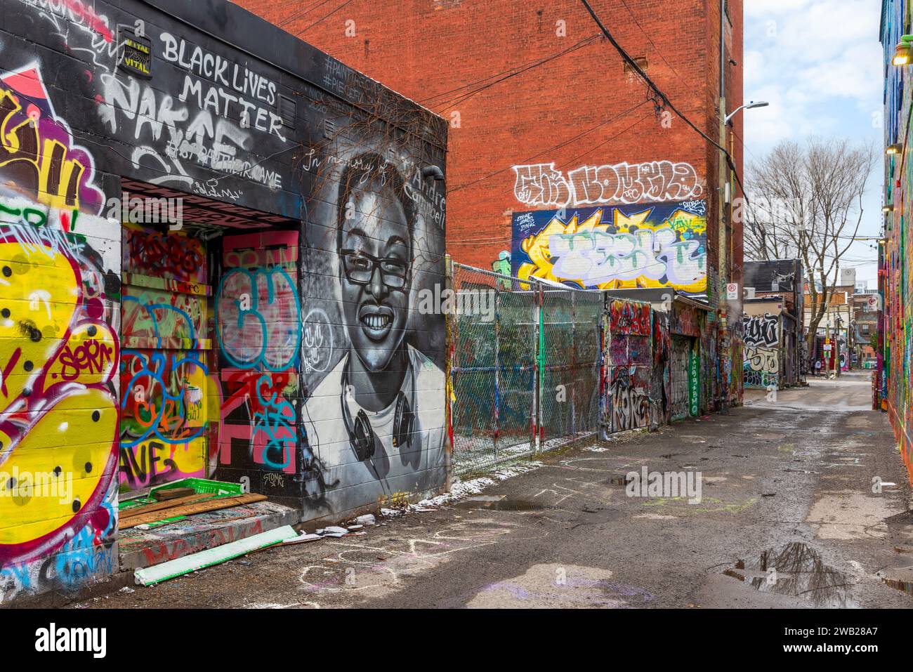Die Graffiti Alley, auch bekannt als Rush Lane, ist ein verstecktes Juwel im Modeviertel von Toronto. Es ist eine enge Gasse, die von farbenfrohen Wandmalereien und Straßen gesäumt ist Stockfoto