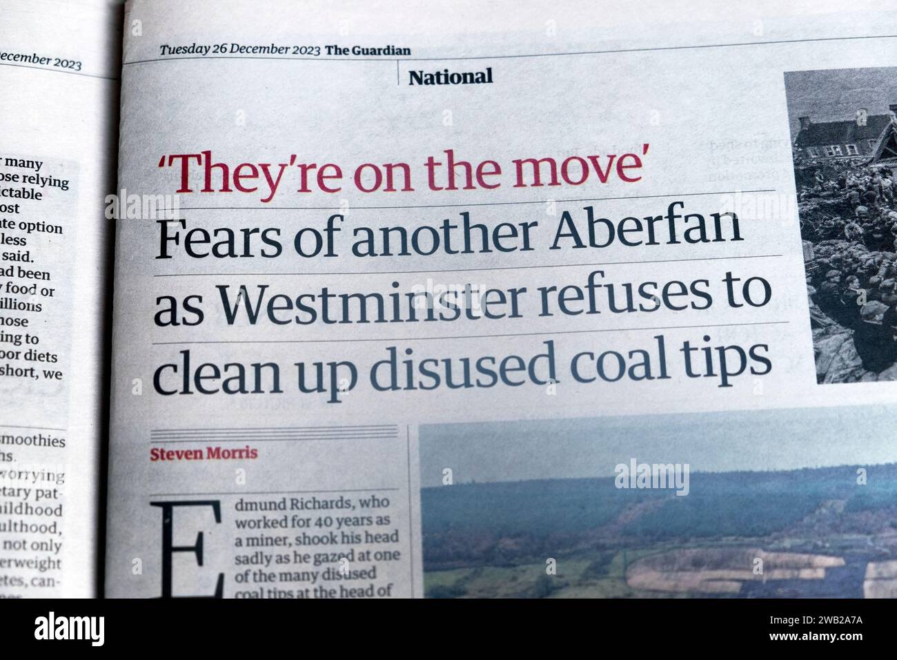 "Ängste vor einem anderen Aberfan, da Westminster sich weigert, ausgediente Kohlespitzen zu säubern" Guardian-Zeitung Schlagzeile 26. Dezember 2024 London UK Stockfoto