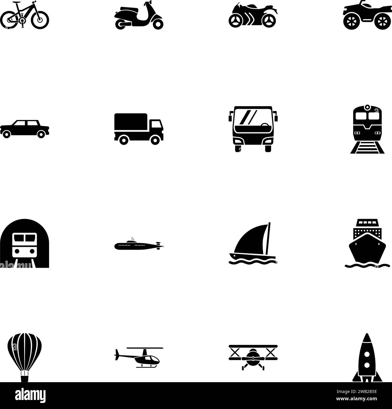 Transportsymbol – auf beliebige Größe erweitern – in beliebige Farbe ändern. Perfect Flat Vector enthält Symbole wie Fahrrad, Fahrrad, Boot, Bus, Auto, Wohnwagen, Eisenbahn Stock Vektor