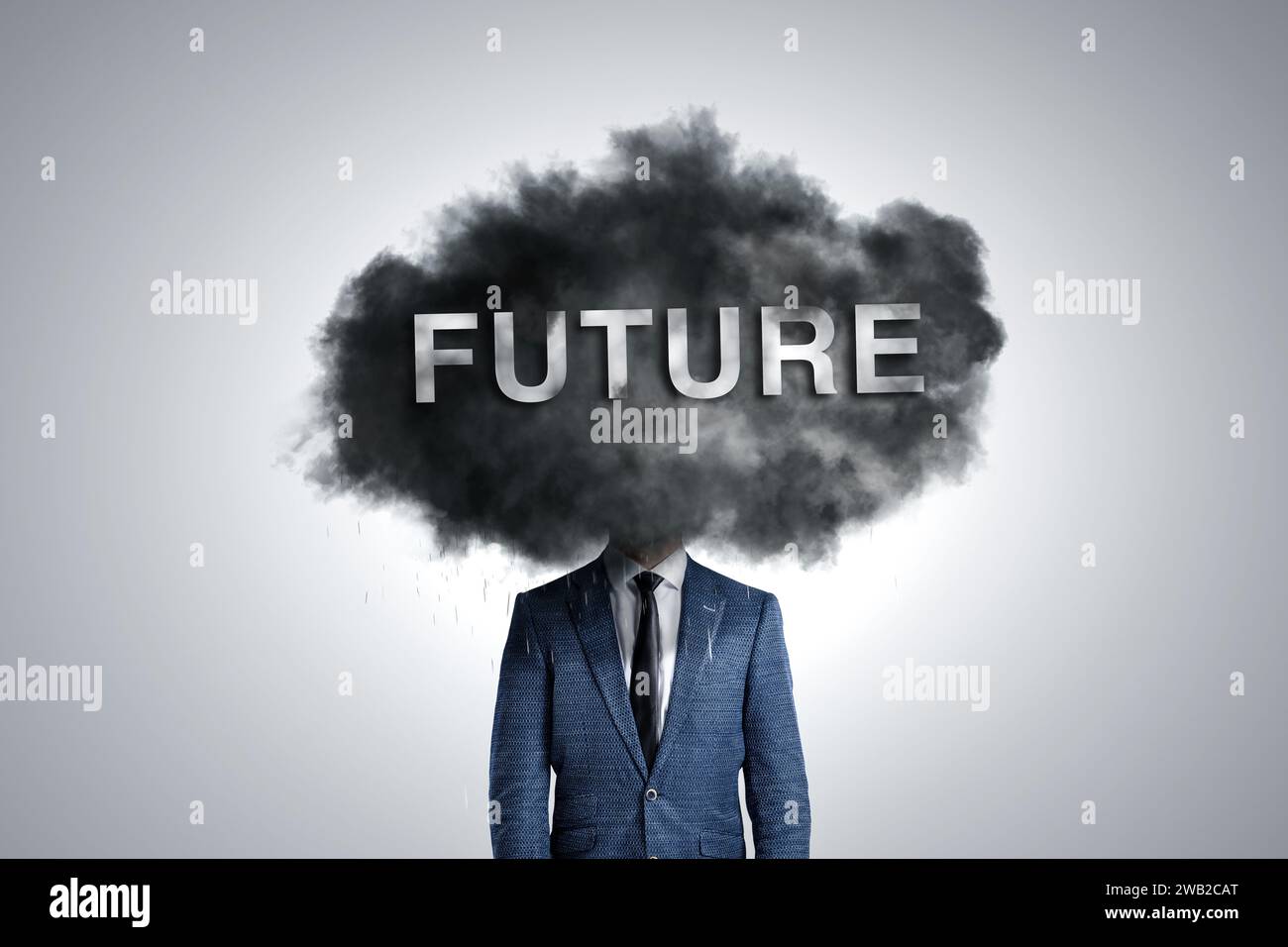 Angst um die Zukunft – eine Person, die von einer dunklen Wolke bedeckt ist Stockfoto