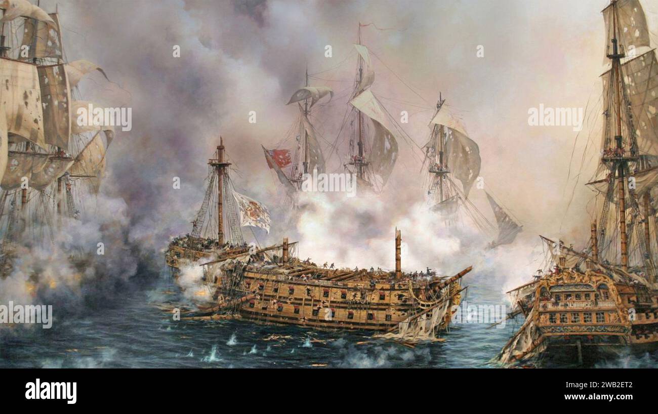 DER LETZTE KAMPF DES GLORIOSO-Gemäldes von Augusto Ferrer-Dalmau über die Zerstörung des spanischen Kriegsschiffs 74 durch britische Freibeuter vor Portugal im Jahr 1747 Stockfoto