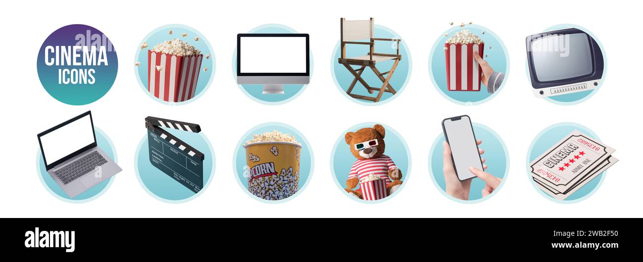 Kino, Film-Streaming, Unterhaltung und Filmindustrie, isoliert Stockfoto
