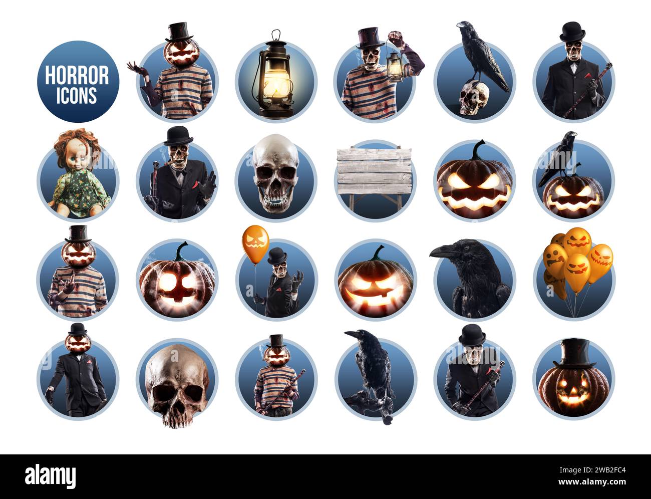 Sammlung gruseliger Halloween-Horrorfiguren und -Objekte, Ikonensatz Stockfoto