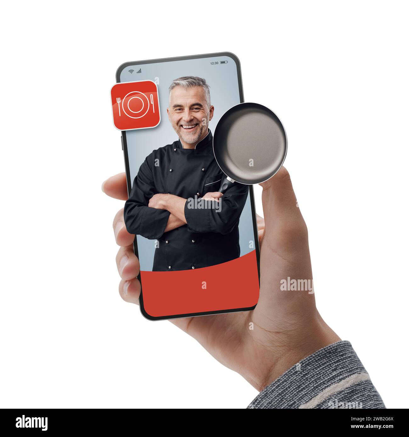 Lächelnder Koch auf Smartphone-Bildschirm: Stellen Sie Experten online ein und kochen Sie nach Bedarf Stockfoto